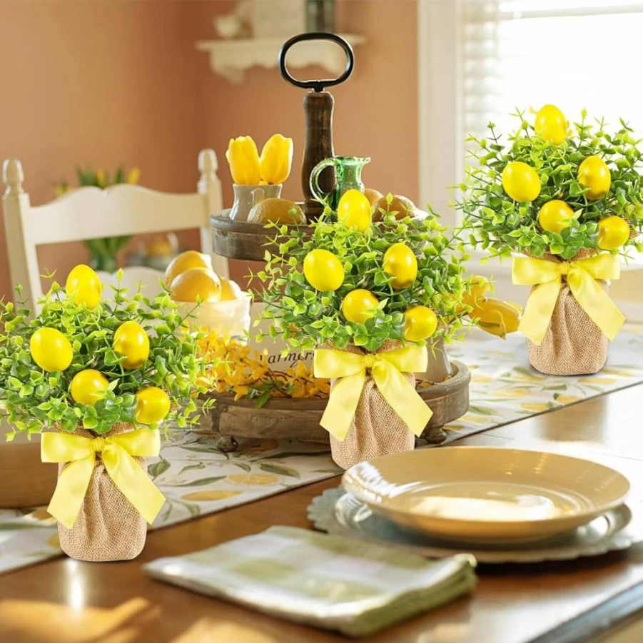 Dlerom Artificial Lemon Potted Plants - 3 Pack Fake Lemons in Burlap Vases for Indoor Outdoor Home Office Farmhouse Decor