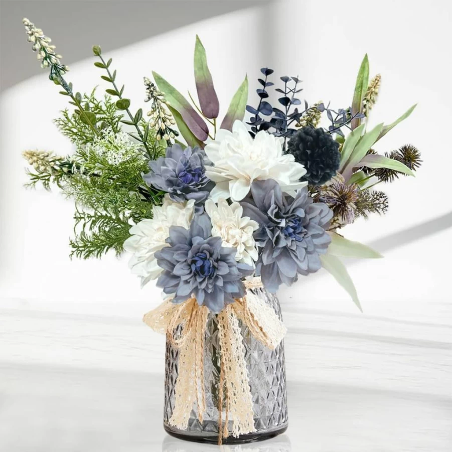 Aoztio Blue White Silk Flower Bouquet - Artificial Floral Arrangement for Wedding, Home Decor, Table Centerpieces, Vase Fillers (No Vase Included)