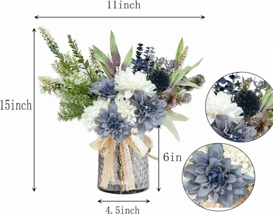 Aoztio Blue White Silk Flower Bouquet - Artificial Floral Arrangement for Wedding, Home Decor, Table Centerpieces, Vase Fillers (No Vase Included)