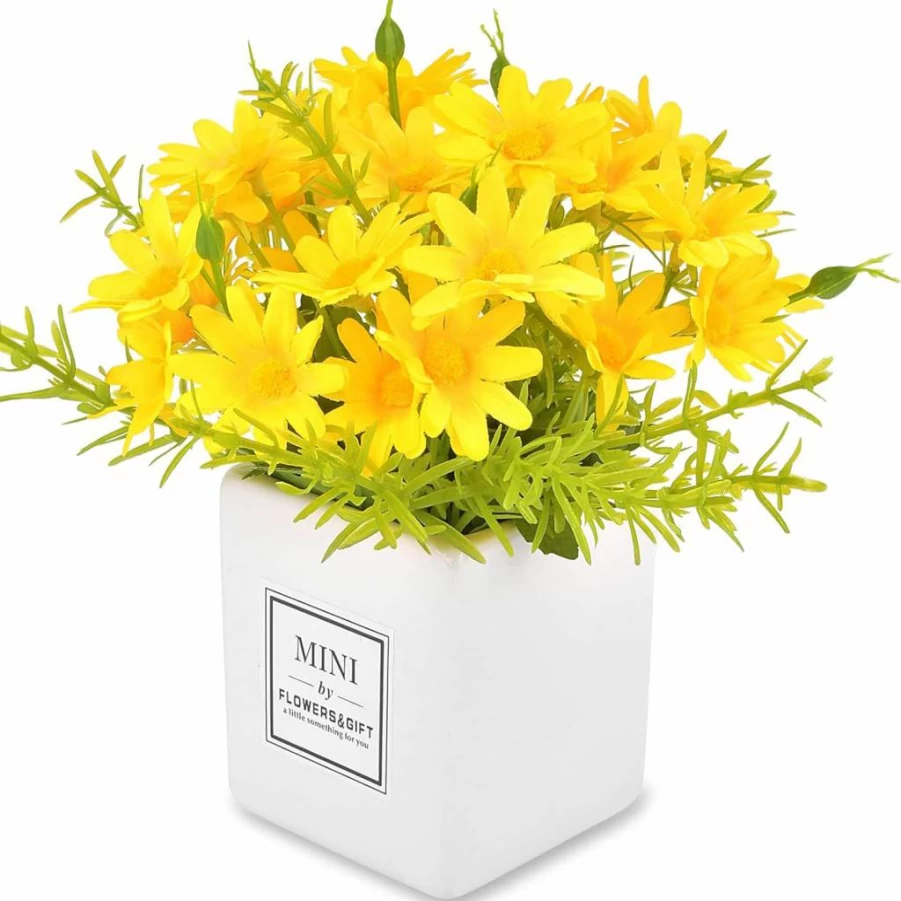 AIFUSI Artificial Daisies in Vase - Small White Faux Flowers for Home Decor, Indoor Centerpiece, Table Decoration, Silk Fake Plants