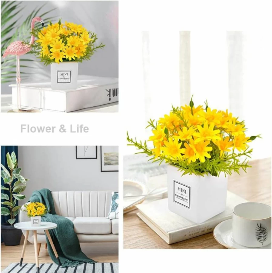 AIFUSI Artificial Daisies in Vase - Small White Faux Flowers for Home Decor, Indoor Centerpiece, Table Decoration, Silk Fake Plants