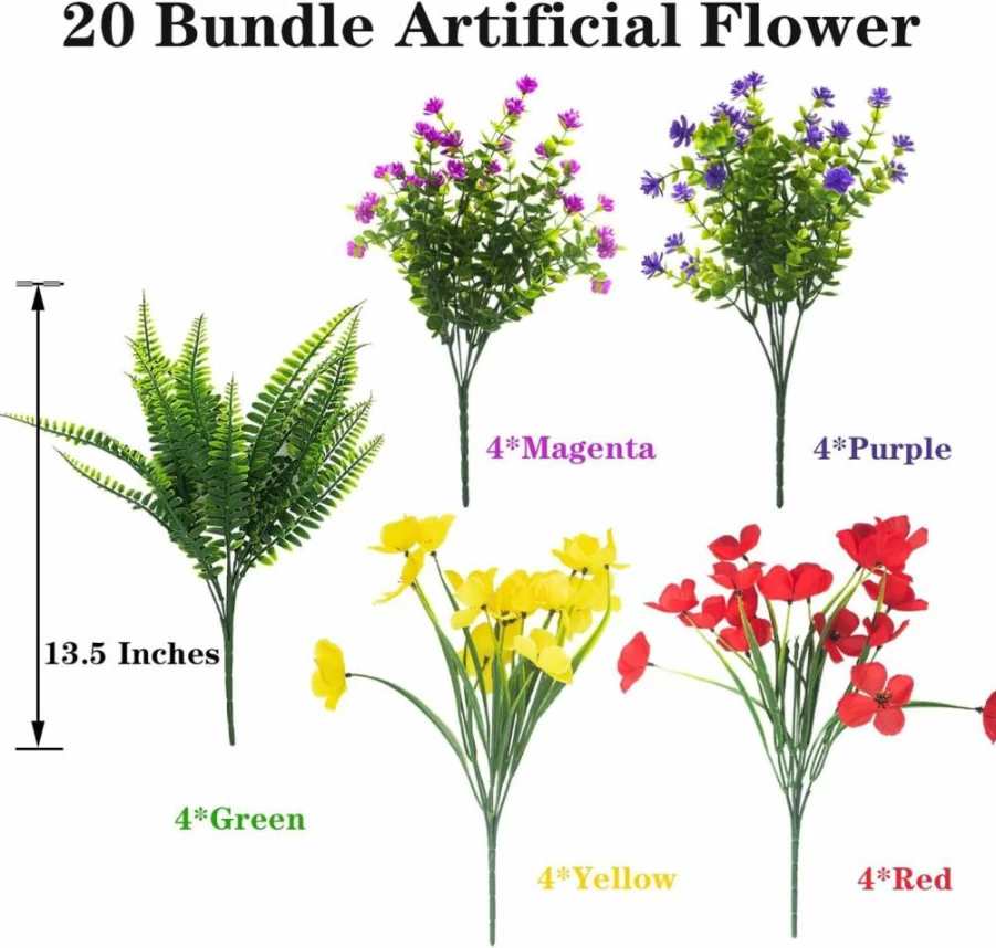 AITISOR 20 Pack UV Resistant Artificial Flowers for Outdoor Decor, Faux Plants for Hanging Planters, Porch, Window, Wedding, Spring Summer Greenery