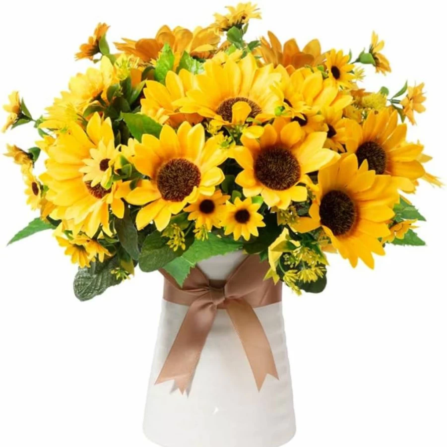Homsunny 5PCS Artificial Sunflowers in Ceramic Vase, Silk Fake Floral Arrangement Centerpiece for Spring Summer Table Decor, Home Office Dining Room Decor (Ripple Vase)