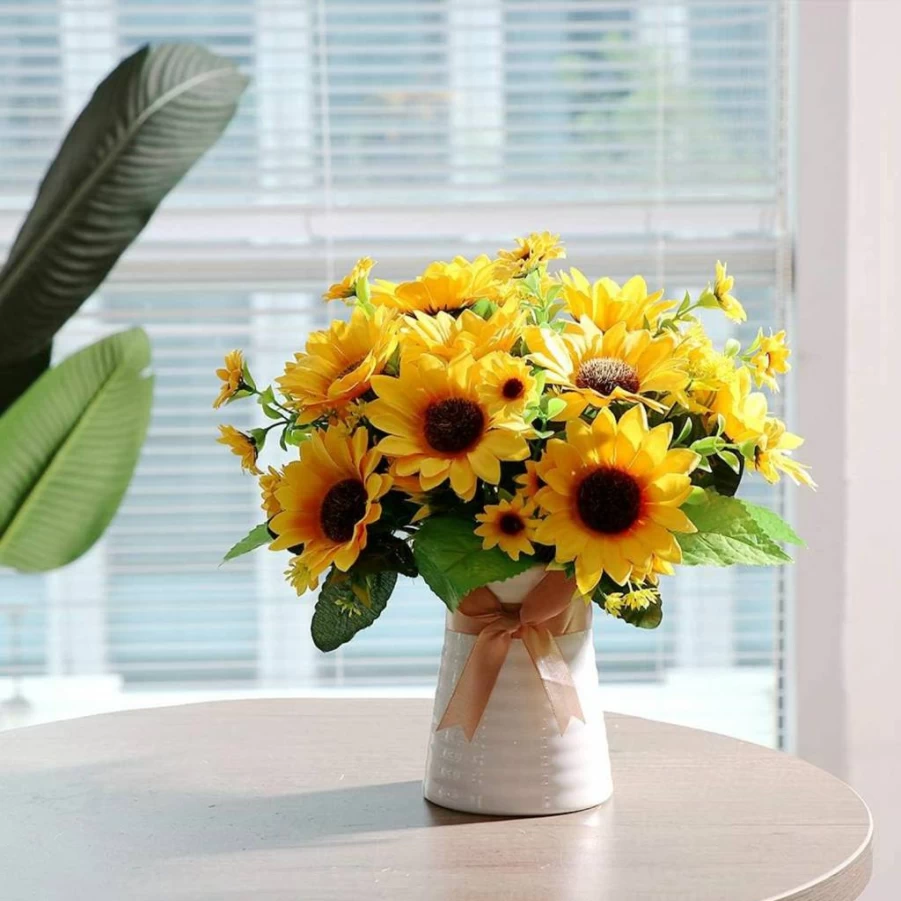 Homsunny 5PCS Artificial Sunflowers in Ceramic Vase, Silk Fake Floral Arrangement Centerpiece for Spring Summer Table Decor, Home Office Dining Room Decor (Ripple Vase)
