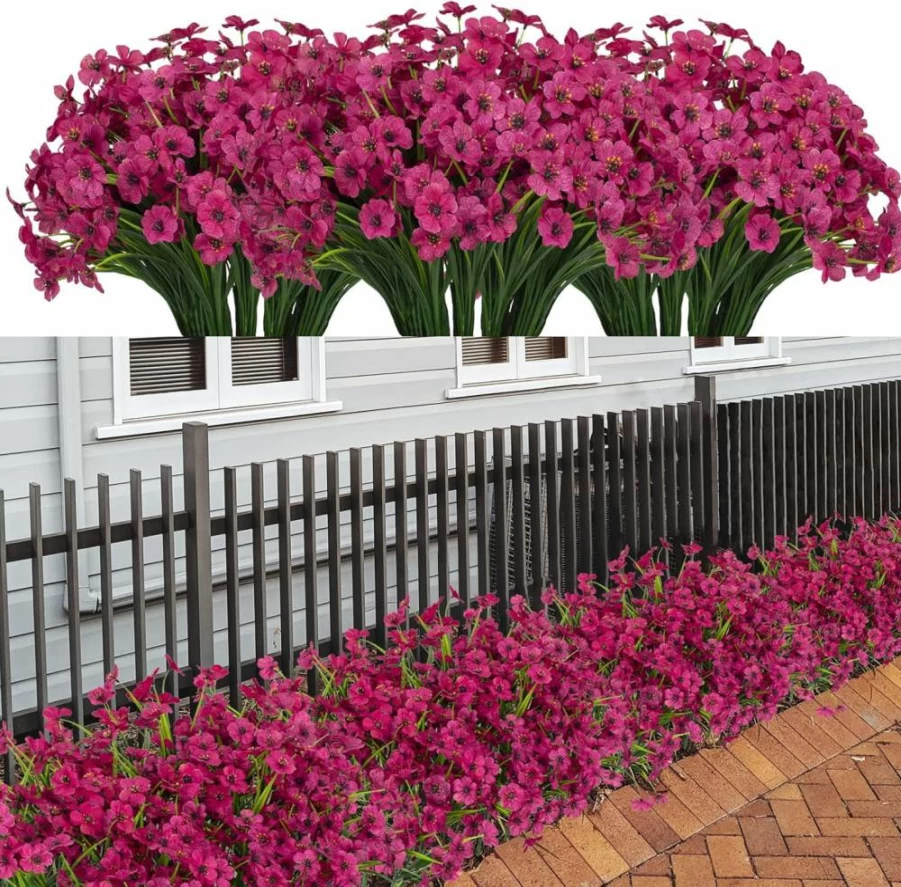 LikSoor 21-Pack UV-Resistant Artificial Outdoor Flowers – Fade-Proof Blue Faux Shrubs for Garden, Porch, Window Box & Home Decor
