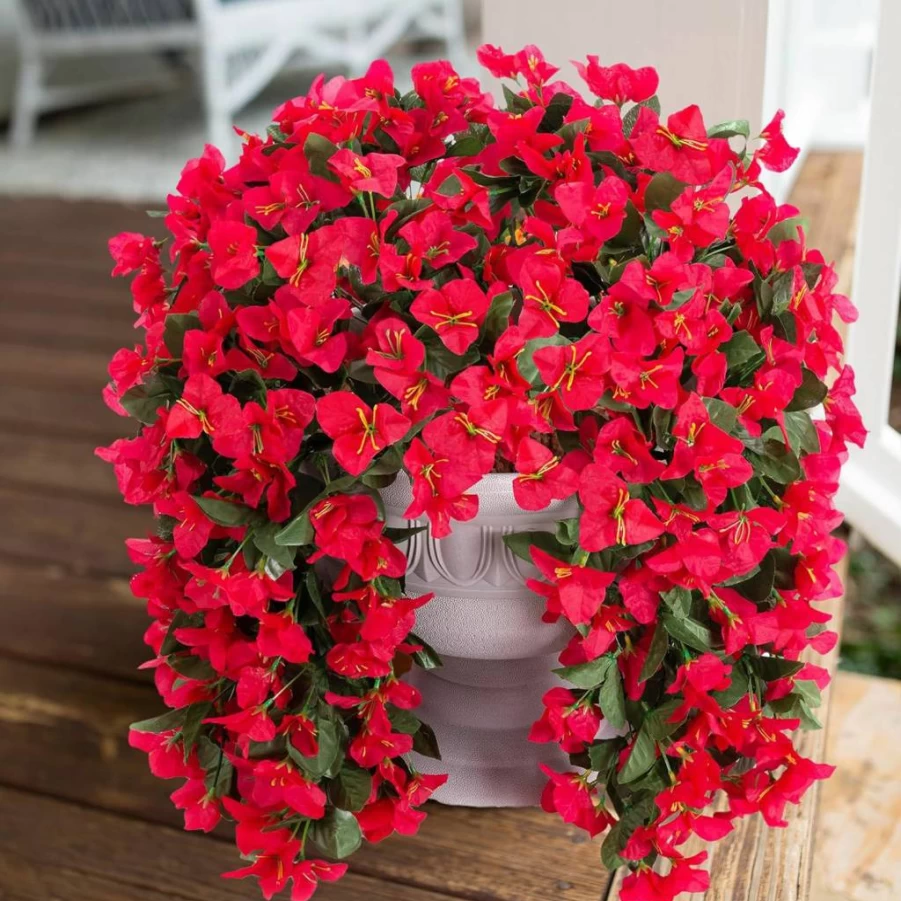 INSPRING 2PCS Red Faux Bougainvillea Silk Flowers - UV Resistant Artificial Hanging Vines for Outdoor Porch, Planter, Balcony & Patio Decor