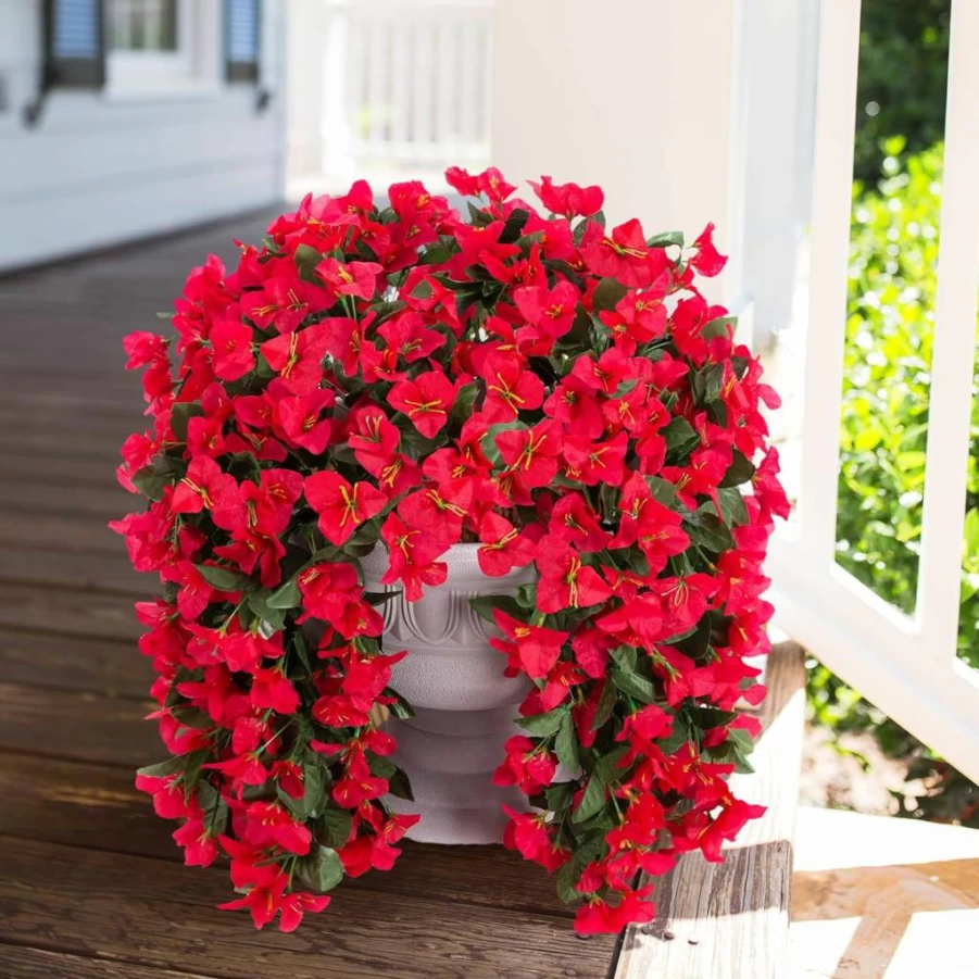 INSPRING 2PCS Red Faux Bougainvillea Silk Flowers - UV Resistant Artificial Hanging Vines for Outdoor Porch, Planter, Balcony & Patio Decor