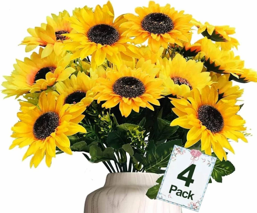 TURNMEON 28Pcs Artificial Sunflowers for Outdoor Decor, 4 Pack Faux Silk Sunflower Bouquet for Vase, Wedding, Table, Home, Porch, Indoor, Outdoor, and Cemetery Arrangements