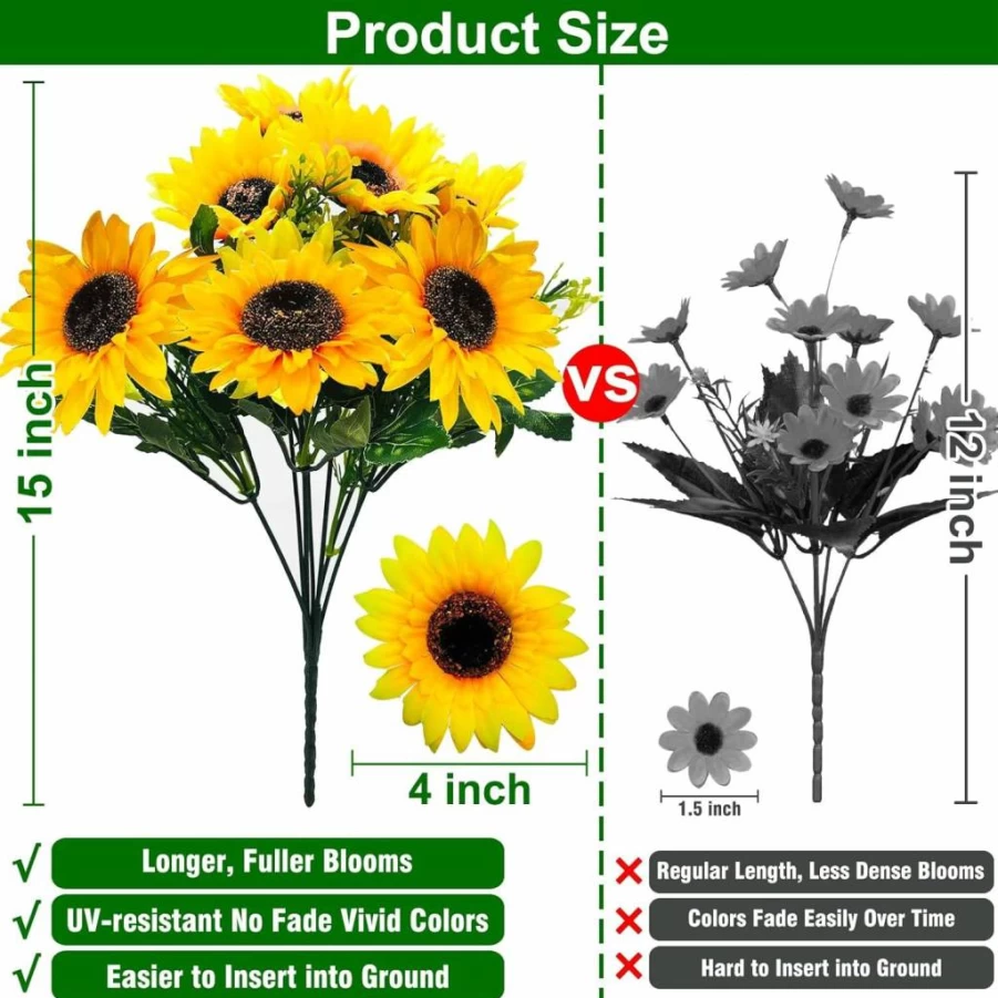 TURNMEON 28Pcs Artificial Sunflowers for Outdoor Decor, 4 Pack Faux Silk Sunflower Bouquet for Vase, Wedding, Table, Home, Porch, Indoor, Outdoor, and Cemetery Arrangements
