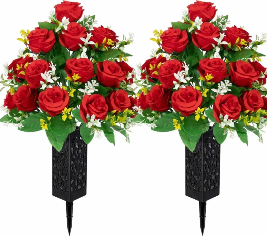 LVXINLI 2 Pack Dark Blue Artificial Cemetery Flowers for Headstones, Memorial Grave Decor with Black Plastic Vase & Drainage Spikes, Durable Outdoor Grave Arrangements