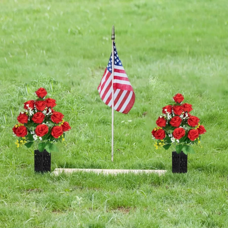 LVXINLI 2 Pack Dark Blue Artificial Cemetery Flowers for Headstones, Memorial Grave Decor with Black Plastic Vase & Drainage Spikes, Durable Outdoor Grave Arrangements