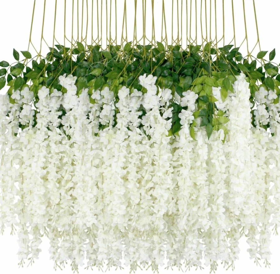 HanYun 12Pcs White Artificial Wisteria Vine Garland - 3.6 Feet Silk Fake Flowers for Home Wedding Party Decor (Dense)