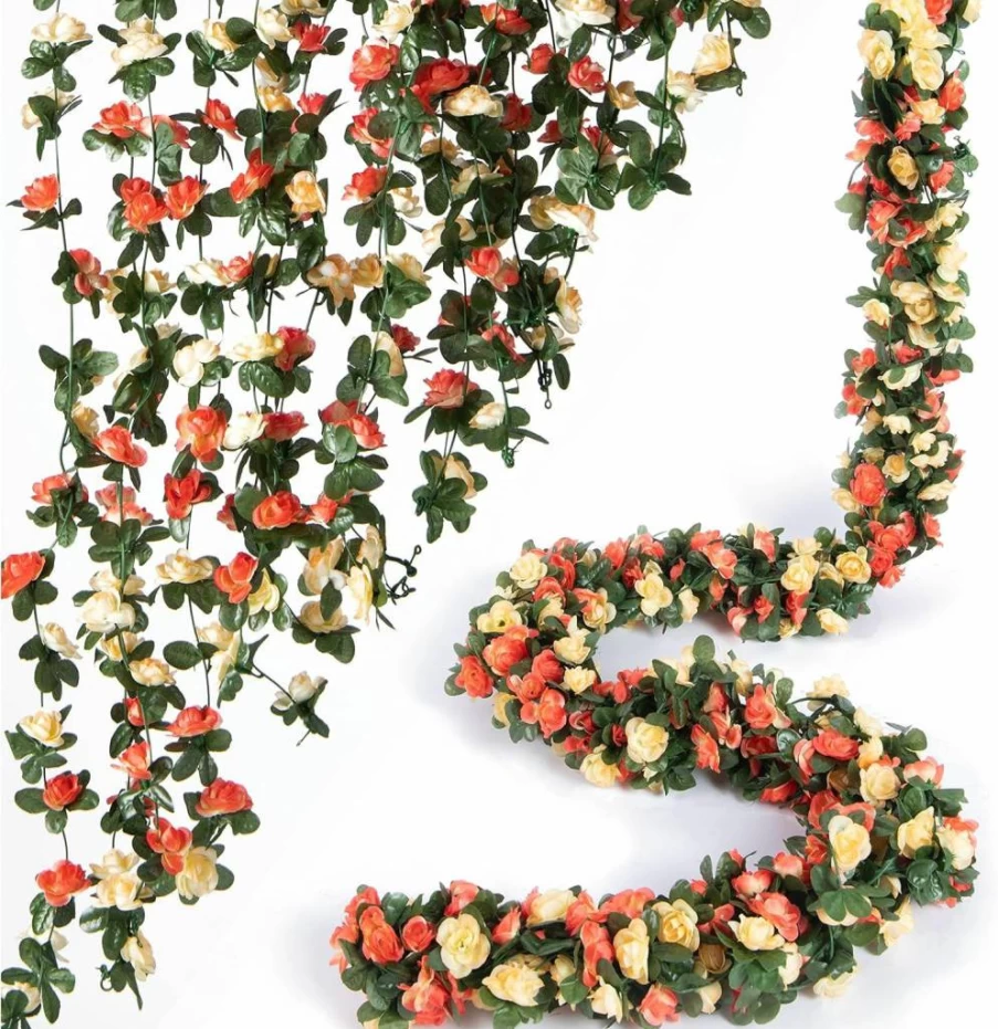 PONKING 8Pcs 66Ft Artificial Rose Vine Garland with Green Leaves - Pink Spring Flower Decor for Wedding, Birthday, Christmas, Room & Wall Arch Decoration