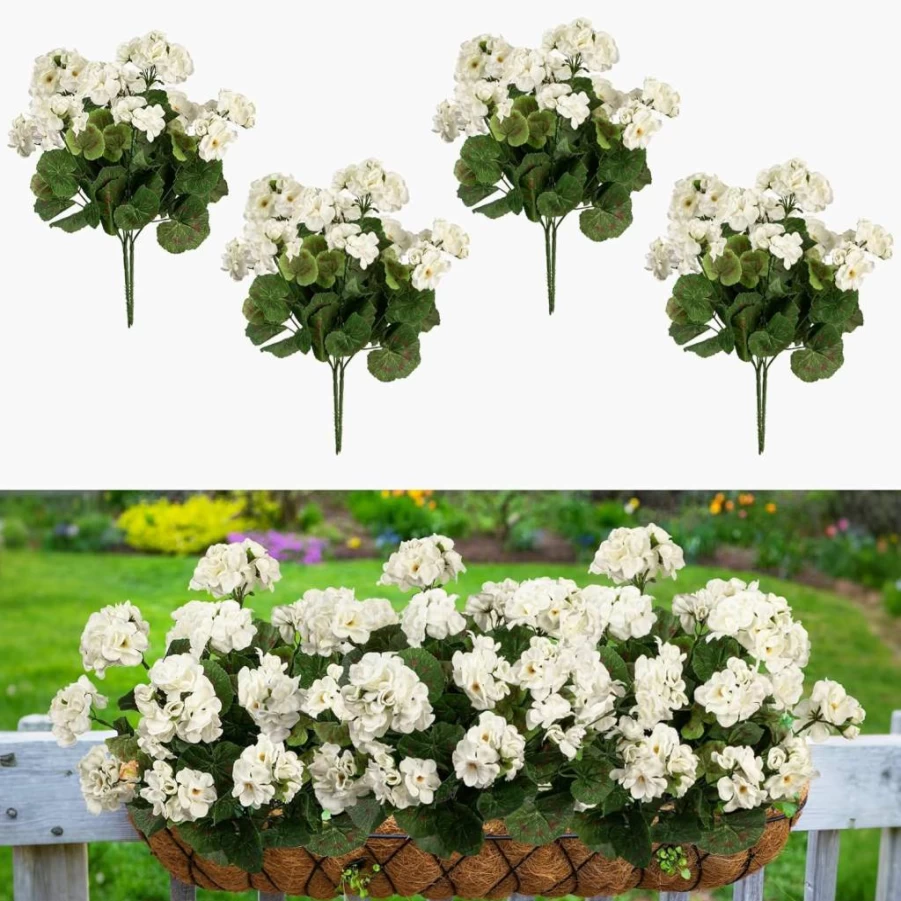 4Pcs Uqueeten Artificial Geraniums Silk Flowers - 14.4" White Fake Plants for Outdoor Porch, Indoor Home Decor, Fall Garden Decoration