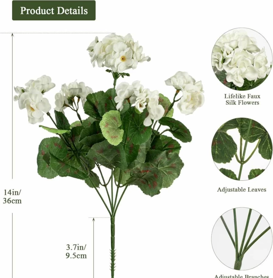 4Pcs Uqueeten Artificial Geraniums Silk Flowers - 14.4" White Fake Plants for Outdoor Porch, Indoor Home Decor, Fall Garden Decoration