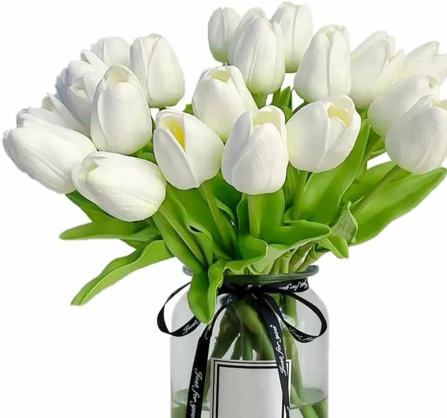 20Pcs White Artificial Tulips by Nature's Mimic - Faux Flowers for Home Decor, Wedding Centerpieces, Mother's Day, Easter & Valentine's Day Gifts