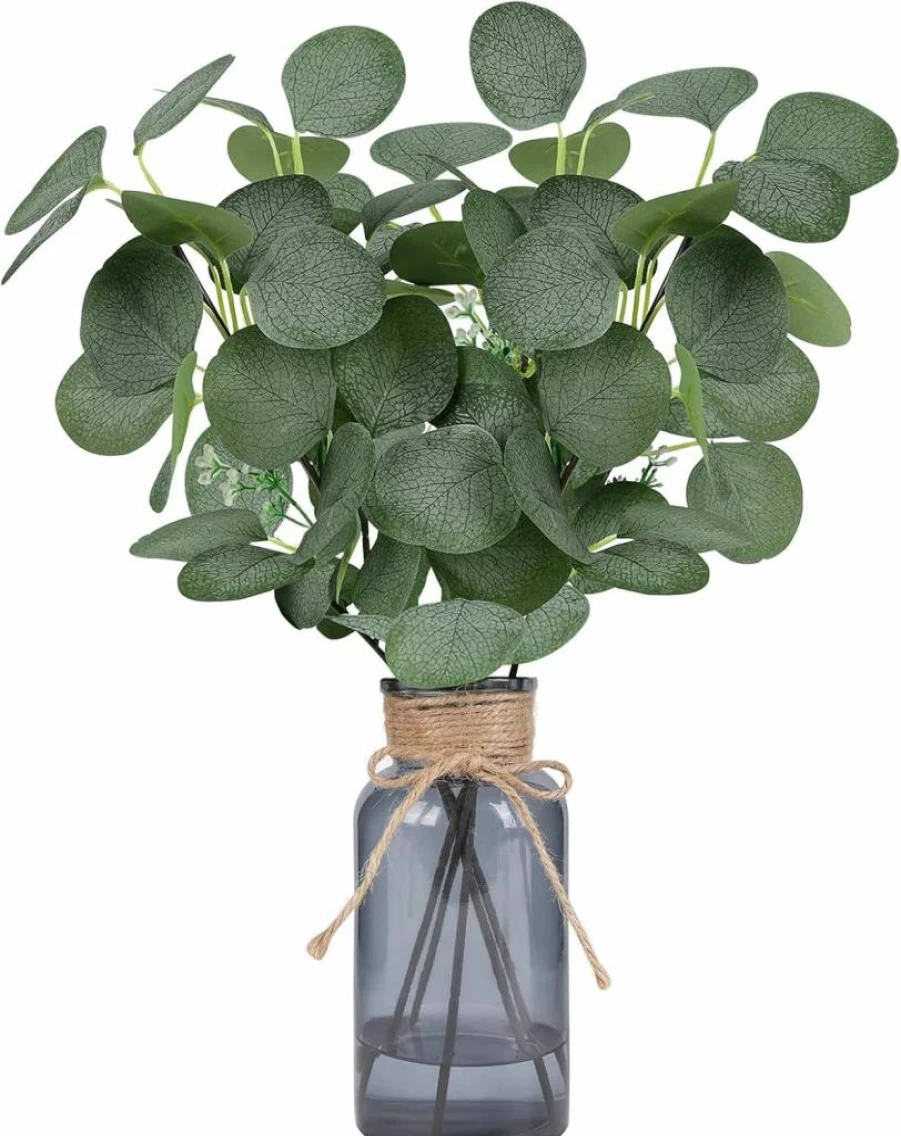 Bessol 14" Artificial Eucalyptus Stems in Glass Vase - 6Pcs Faux Greenery Branches for Farmhouse Wedding Centerpiece, Bathroom Decor, Home Table Decorations