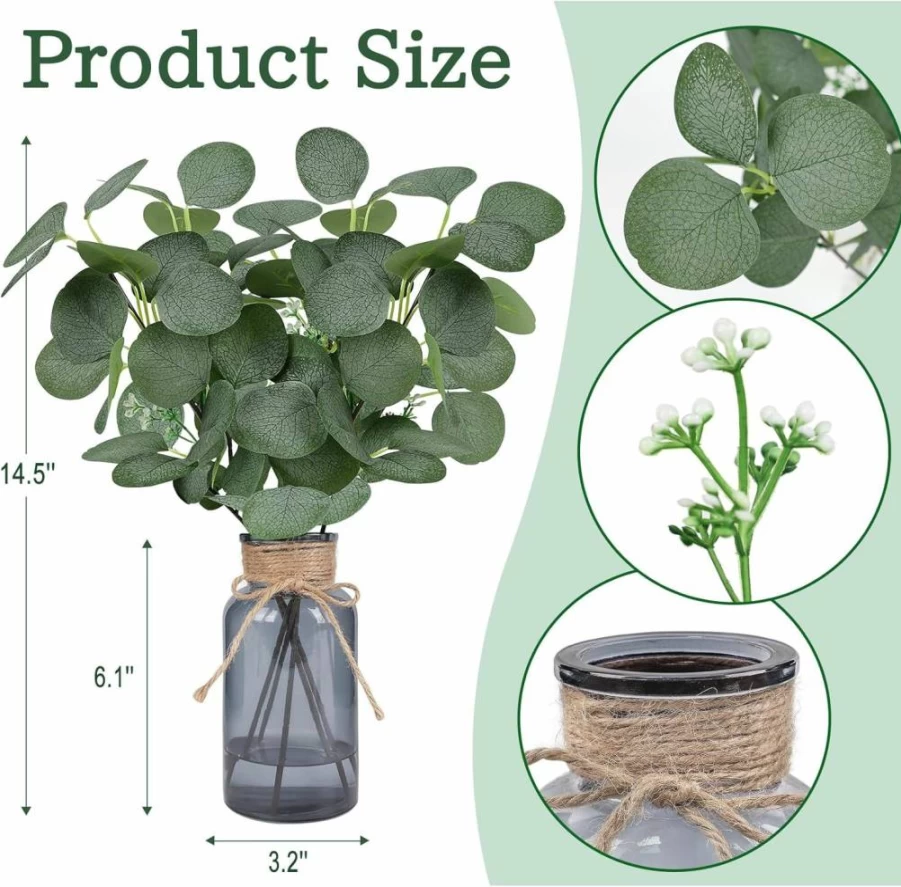 Bessol 14" Artificial Eucalyptus Stems in Glass Vase - 6Pcs Faux Greenery Branches for Farmhouse Wedding Centerpiece, Bathroom Decor, Home Table Decorations