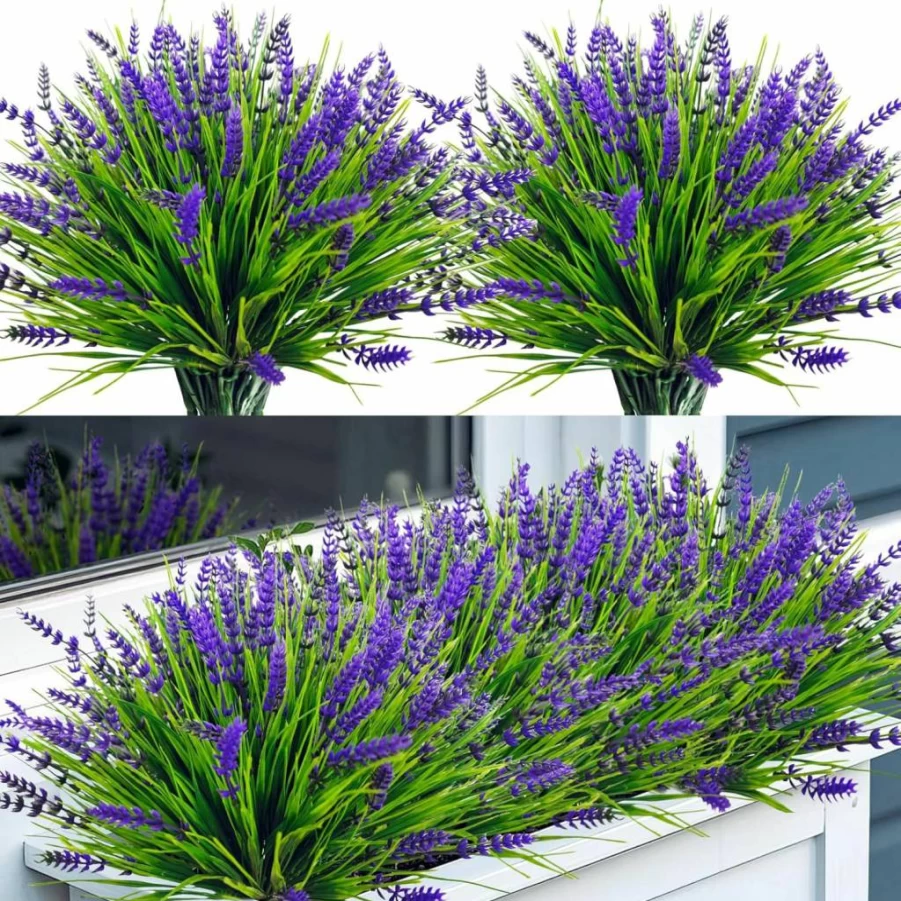 Bassion 24-Pack UV Resistant Artificial Lavender Flowers, Fake Purple Monkey Grass for Outdoor & Indoor Decor, Porch, Garden, Window Box
