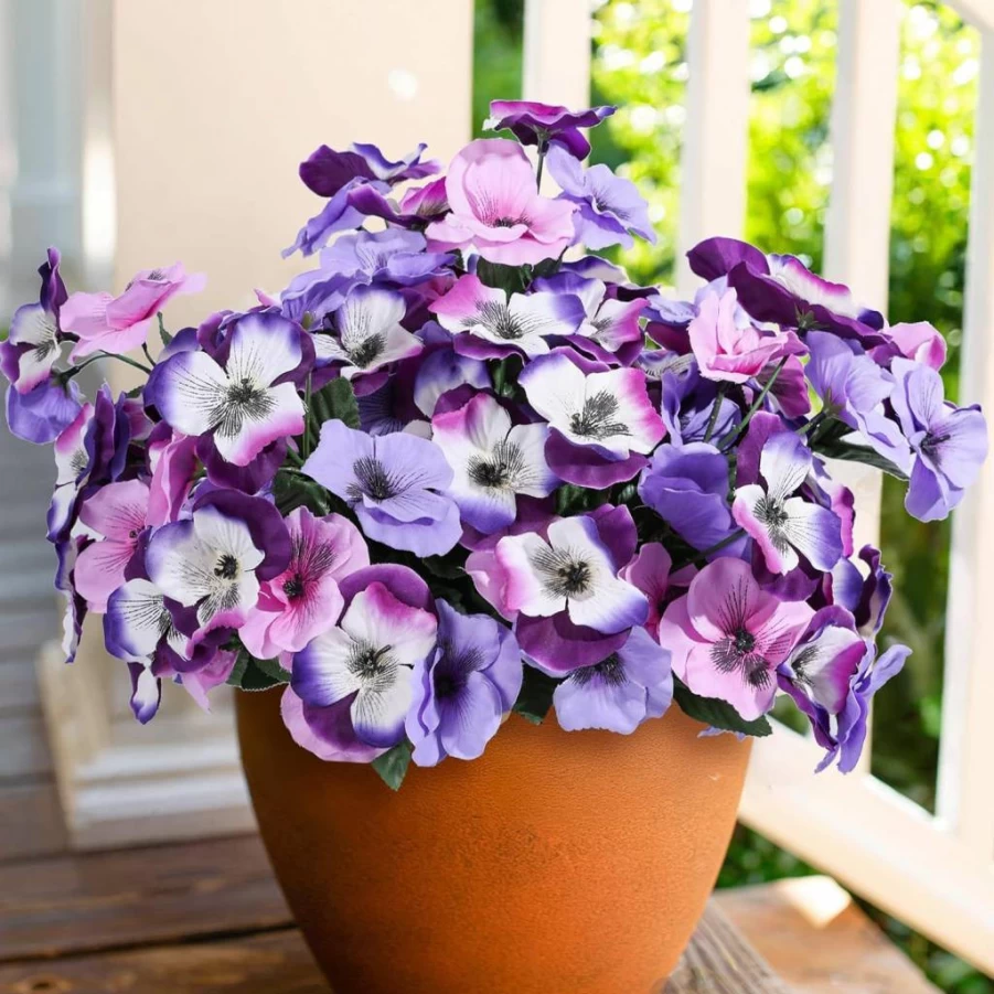 INSPRING 6 Bundles Artificial Pansy Flowers for Outdoor Decor, UV Resistant Fake Silk Plants for Porch, Patio, Yard, Spring Summer Home Decoration