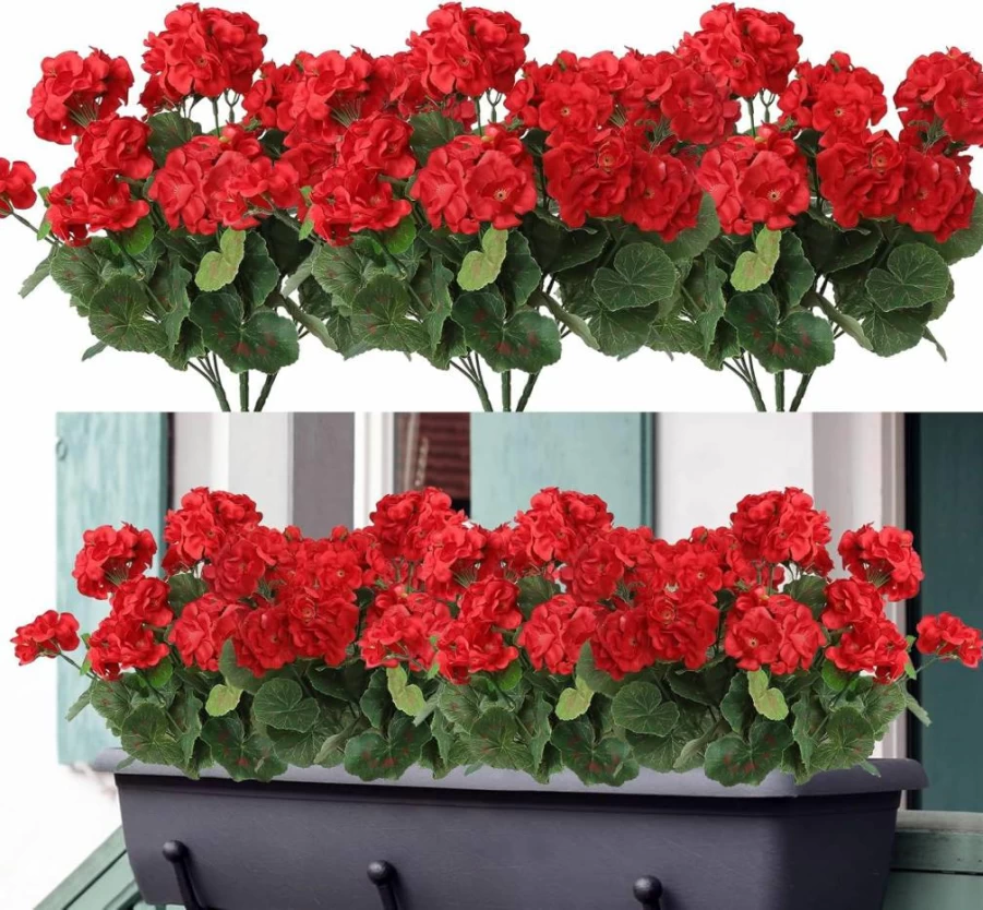 Dremisland 3 Pack Red Artificial Geranium Silk Flowers - UV Resistant Faux Outdoor Plants for Garden, Wedding, Home, and Table Decor