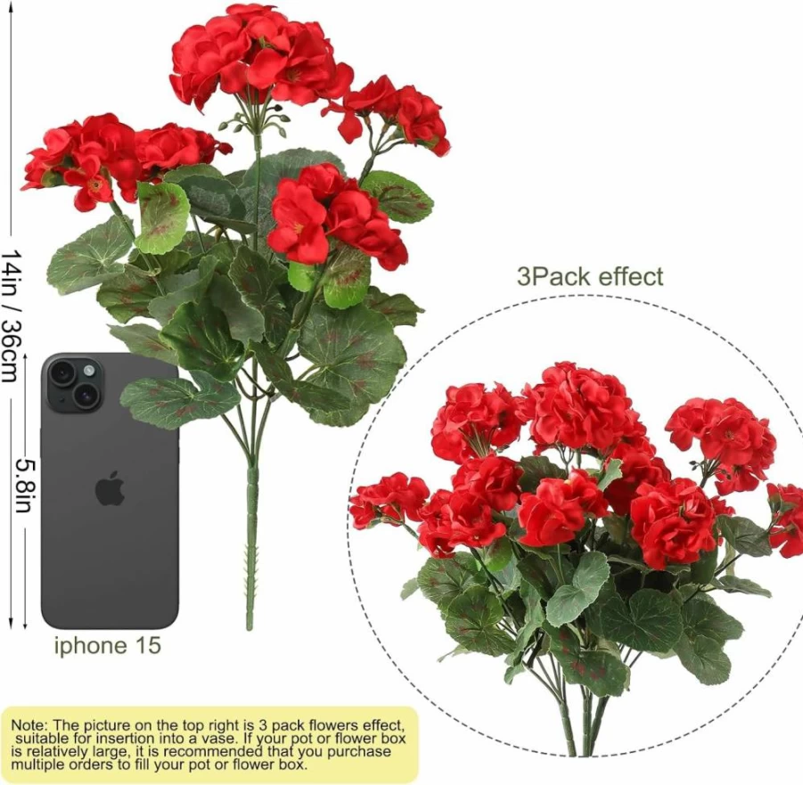 Dremisland 3 Pack Red Artificial Geranium Silk Flowers - UV Resistant Faux Outdoor Plants for Garden, Wedding, Home, and Table Decor