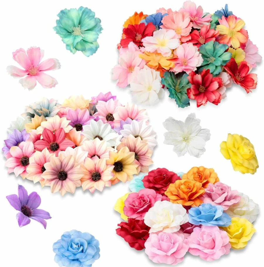 Hoteam 100-300 Pcs Artificial Silk Flower Heads, DIY Mini Daisy Roses Plum Blossom for Wedding Wreath Party Decor, Assorted Bright Faux Floral Craft Supplies