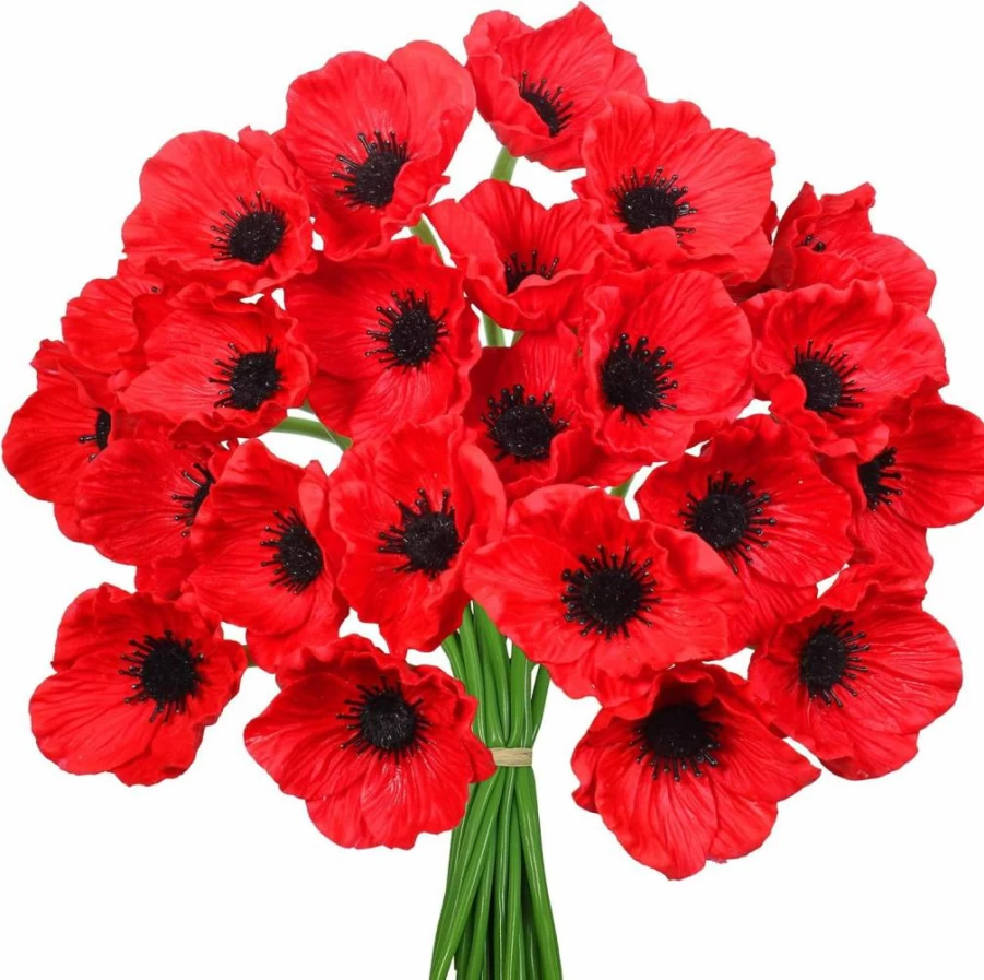 Winlyn 24-Piece Artificial Red Flowers with Black Center - 11.6" Real Touch PU Stems for Wedding Bouquets, Corsages, and Floral Arrangements