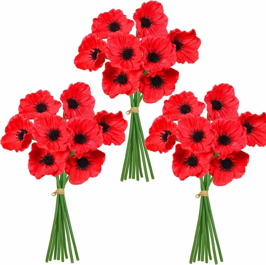 Winlyn 24-Piece Artificial Red Flowers with Black Center - 11.6" Real Touch PU Stems for Wedding Bouquets, Corsages, and Floral Arrangements