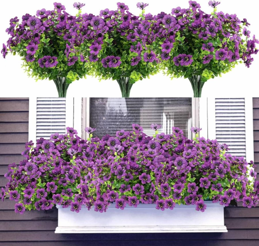 Katflyee 12 Bundles UV Resistant Artificial Silk Flowers for Outdoor Decor, Realistic Faux Plants for Porch, Window Box & Planters - Mix Colors