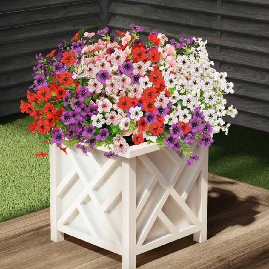 Katflyee 12 Bundles UV Resistant Artificial Silk Flowers for Outdoor Decor, Realistic Faux Plants for Porch, Window Box & Planters - Mix Colors