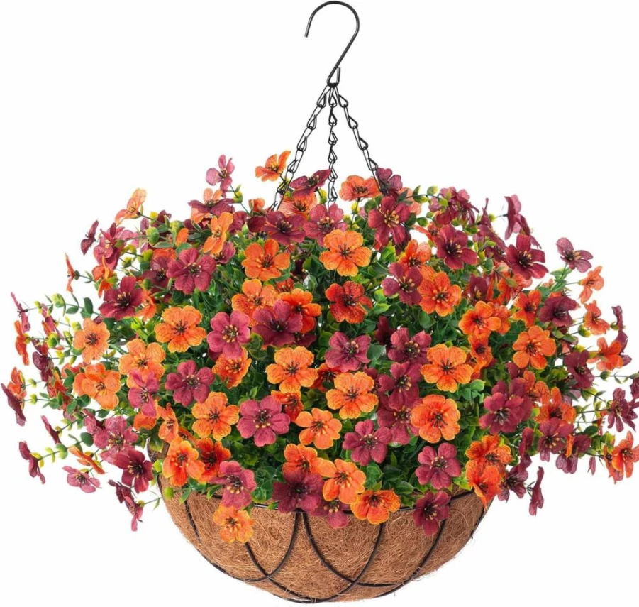 INXUGAO Artificial Silk Daisy Hanging Basket with Eucalyptus Leaves, Faux Purple Pink Flowers in Metal Coconut Pot for Outdoor Indoor Garden Yard Spring Decor