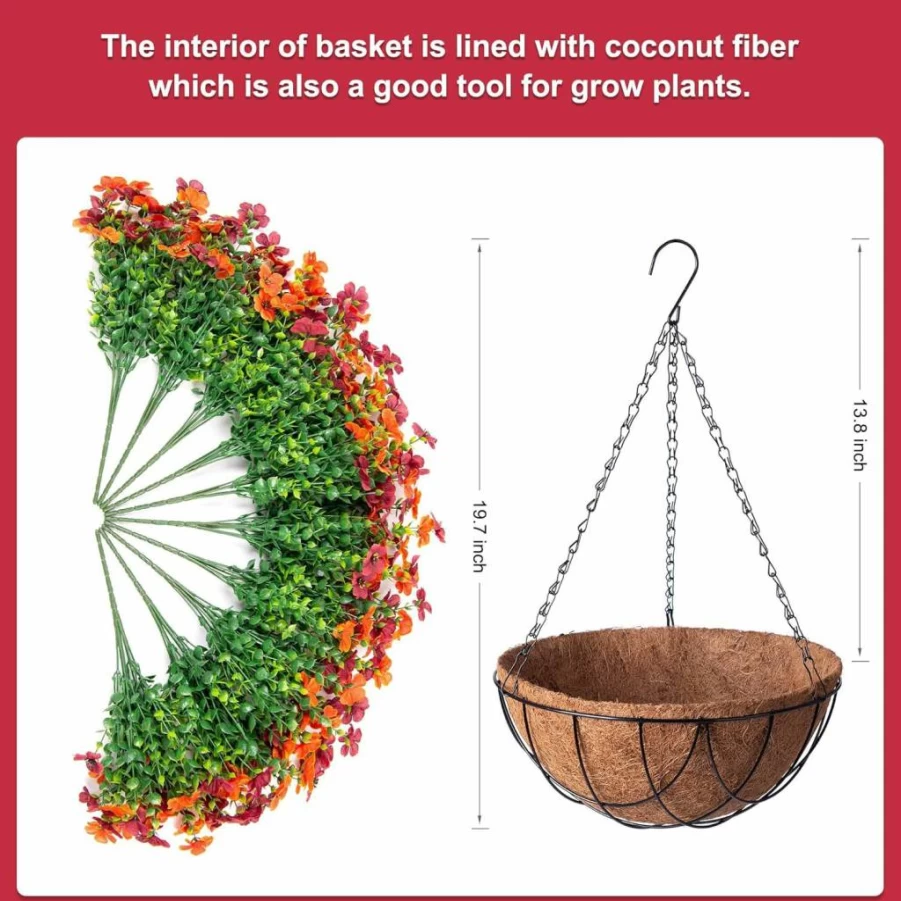 INXUGAO Artificial Silk Daisy Hanging Basket with Eucalyptus Leaves, Faux Purple Pink Flowers in Metal Coconut Pot for Outdoor Indoor Garden Yard Spring Decor