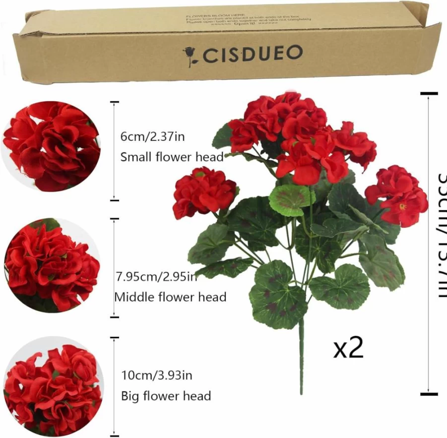 CISDUEO Artificial Geranium Flowers 2-Pack UV Resistant Faux Red Geranium Bush for Outdoor Decor, Indoor Garden, Patio, and Table Centerpiece