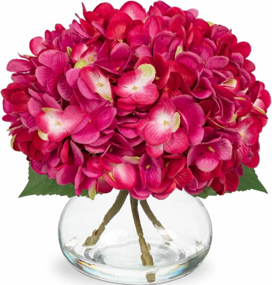 Hollyone White Silk Hydrangea Artificial Flowers in Glass Vase with Faux Water for Home Office Table Centerpiece Decor