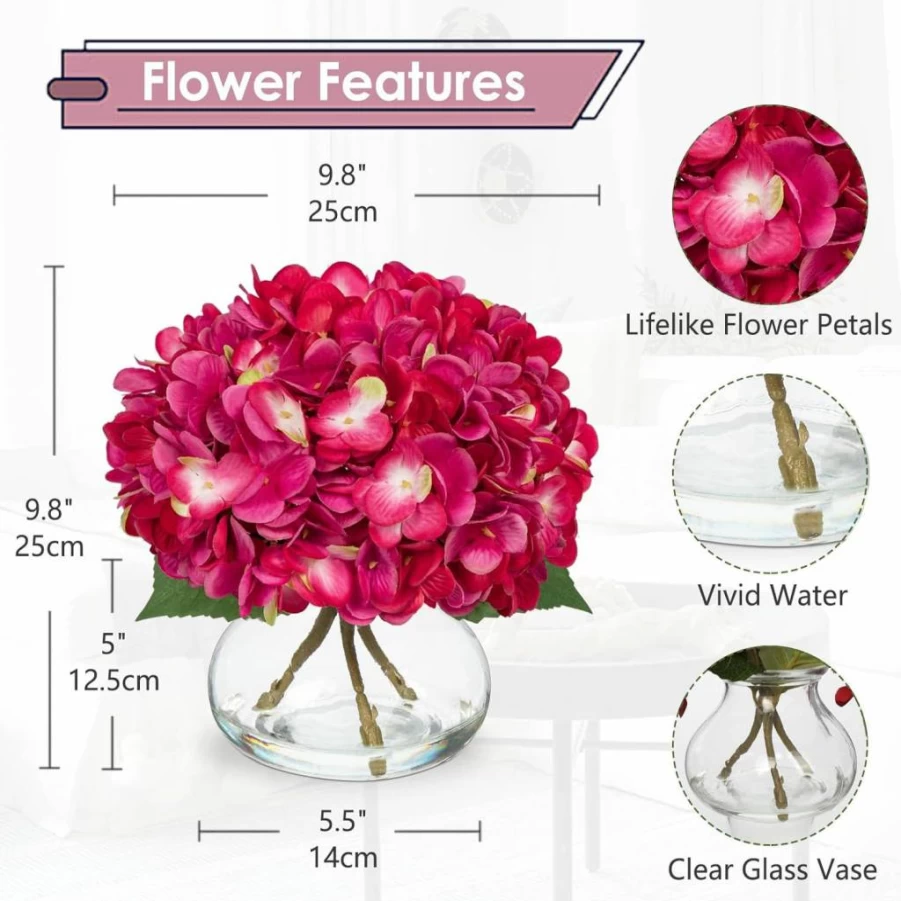 Hollyone White Silk Hydrangea Artificial Flowers in Glass Vase with Faux Water for Home Office Table Centerpiece Decor