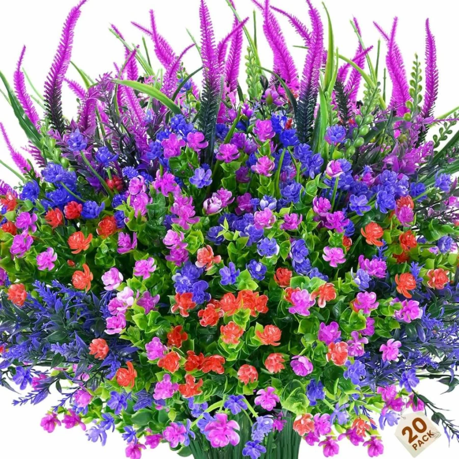 Maxkes 24Pcs UV Resistant Artificial Lavender Plants, Outdoor Fake Flowers for Garden, Porch, Planters, Home Decor, Faux Flowers All Weather Durable