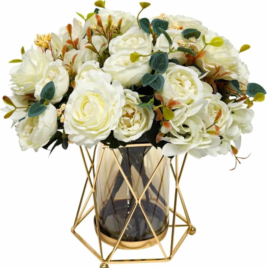 SEPTDECOR White Peony Silk Flower Bouquet in Vase - Realistic Faux Floral Arrangement for Farmhouse Home Decor, Table Centerpiece, Indoor Wedding & Office Decoration