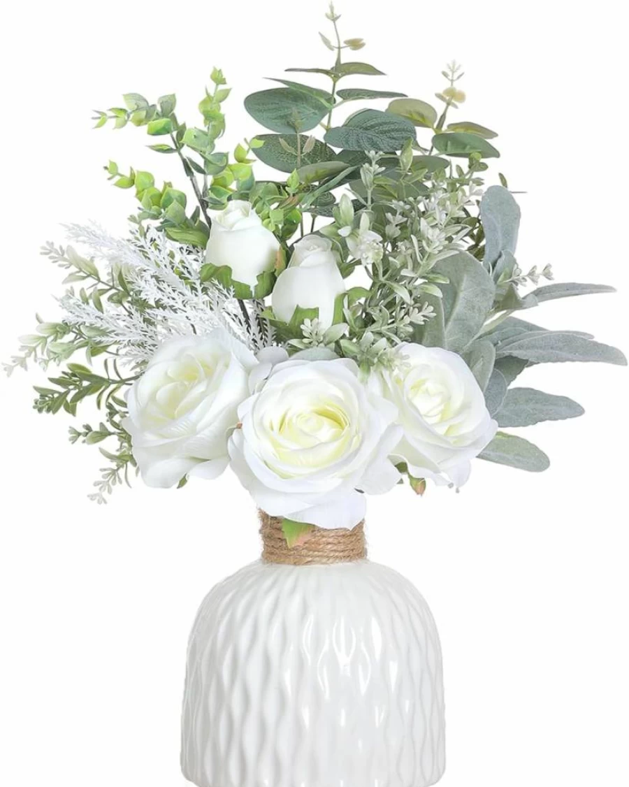FOTEEWL White Artificial Silk Roses and Eucalyptus in Ceramic Vase - Farmhouse Home Decor for Centerpiece, Living Room, Dining Table, Fireplace, Office
