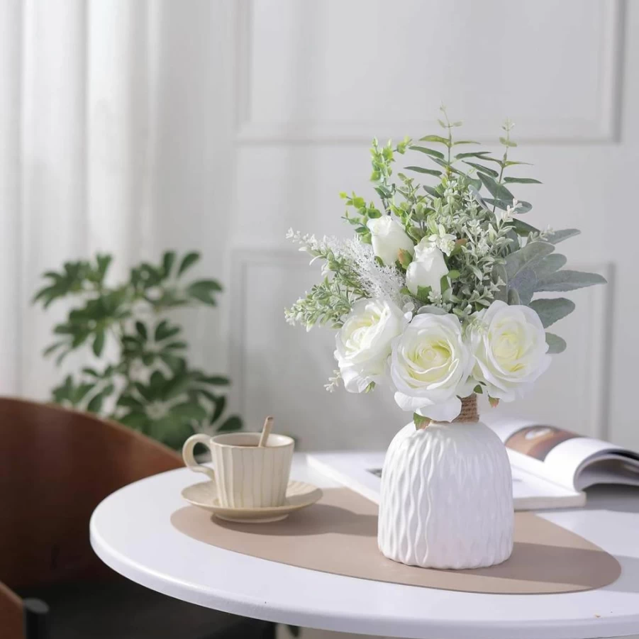 FOTEEWL White Artificial Silk Roses and Eucalyptus in Ceramic Vase - Farmhouse Home Decor for Centerpiece, Living Room, Dining Table, Fireplace, Office