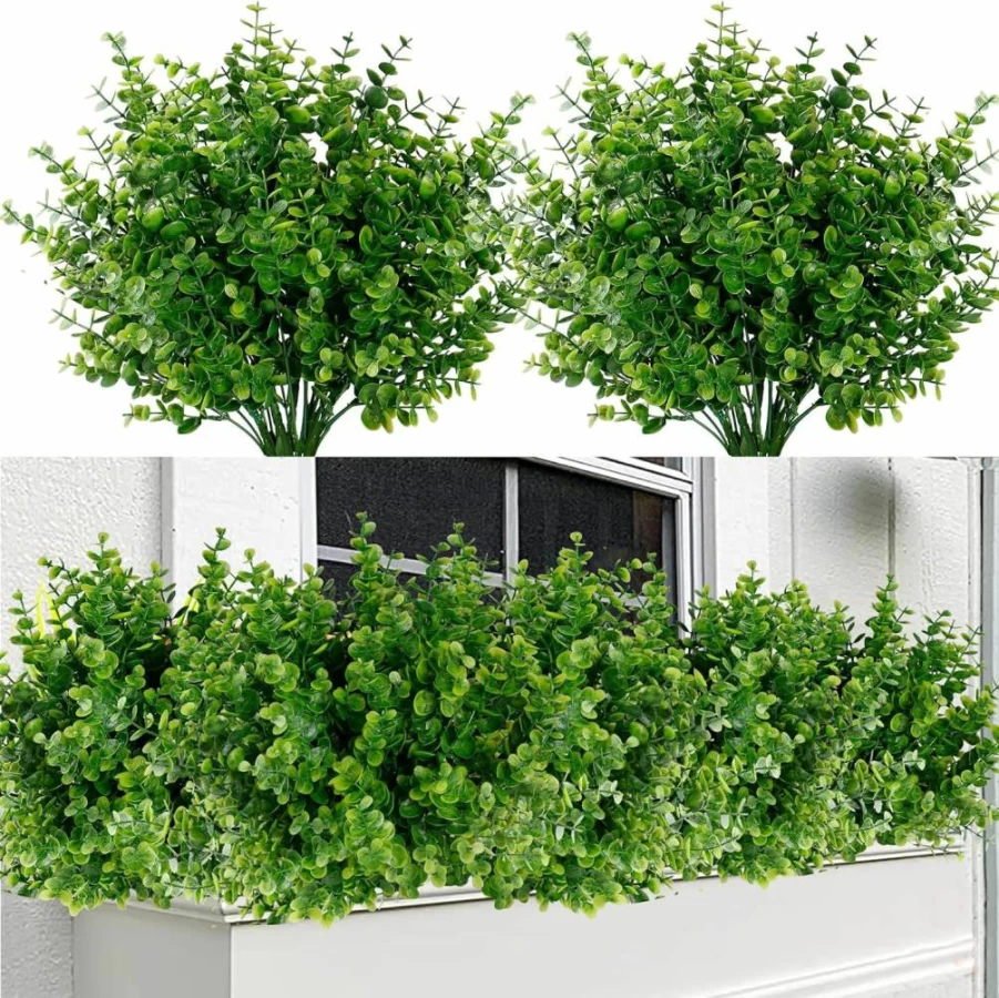 Sggvecsy 12 Bundles UV Resistant Artificial Boxwood Shrubs & Eucalyptus, Fake Outdoor Plants for Garden, Farmhouse, Wedding, Indoor and Home Decoration