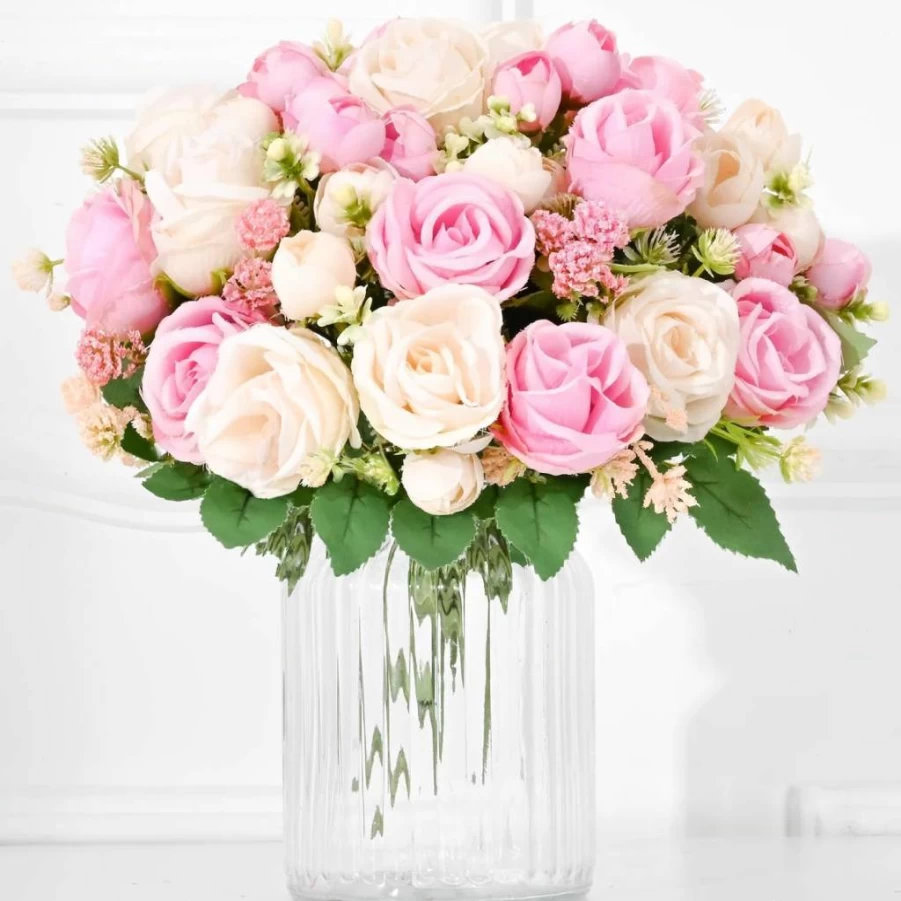 Yastouay 2 Pack Real Touch White Artificial Roses - Silk Flower Bouquets for Wedding, Party, Table Centerpiece, Vase Decor, DIY Bridal Home Decoration