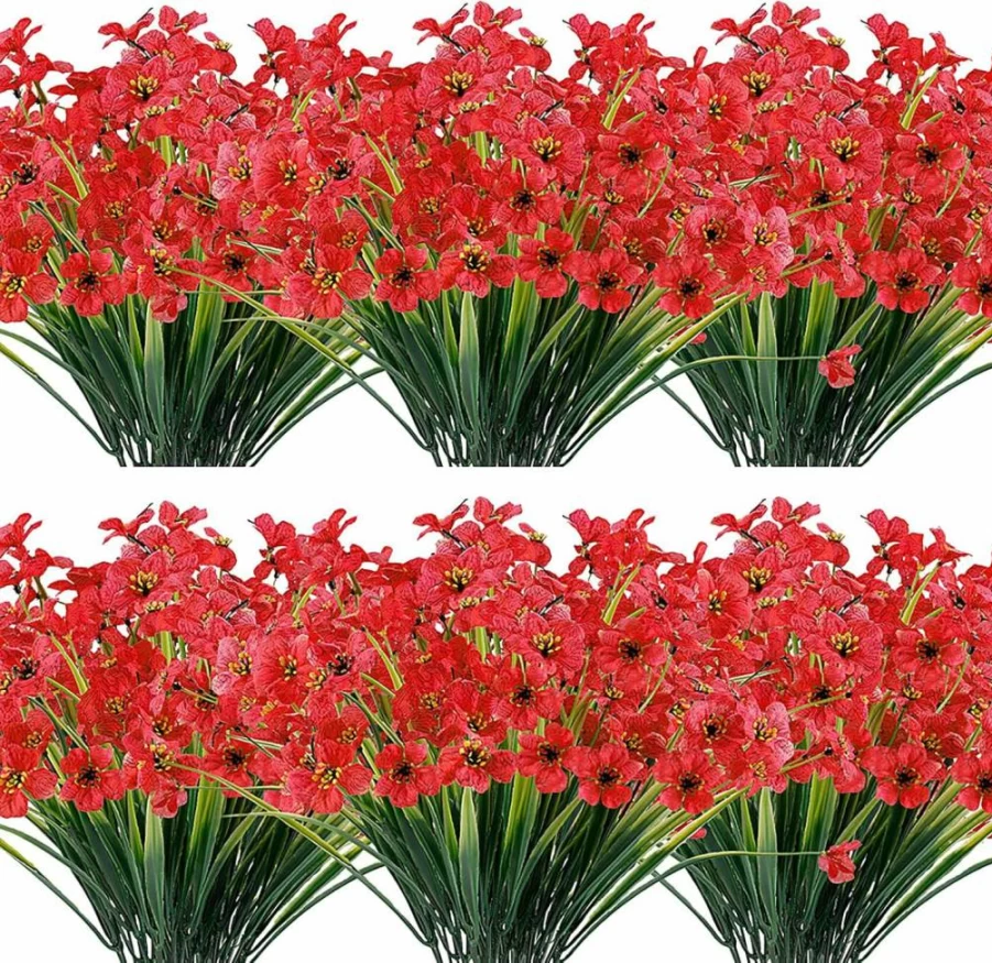 JEMONG 12 Bundles UV Resistant Artificial Flowers for Outdoor, Fade Proof Faux Plants for Garden Porch Window Box Decor, Deep Red Fake Flowers