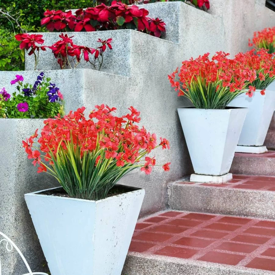 JEMONG 12 Bundles UV Resistant Artificial Flowers for Outdoor, Fade Proof Faux Plants for Garden Porch Window Box Decor, Deep Red Fake Flowers