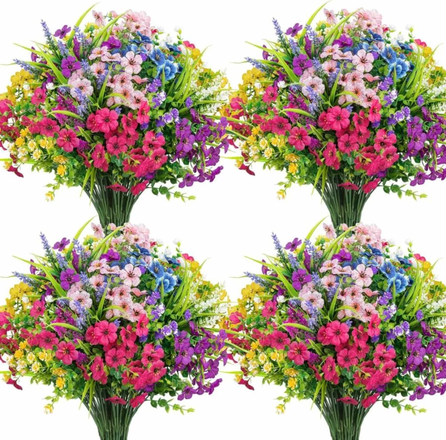 Ouddy Decor 24 Pack Artificial Silk Flowers for Indoor and Outdoor Use, Faux Greenery Plants for Garden, Porch, Window, Hanging Planter, Office, Table, and Home Decor in Mixed Colors