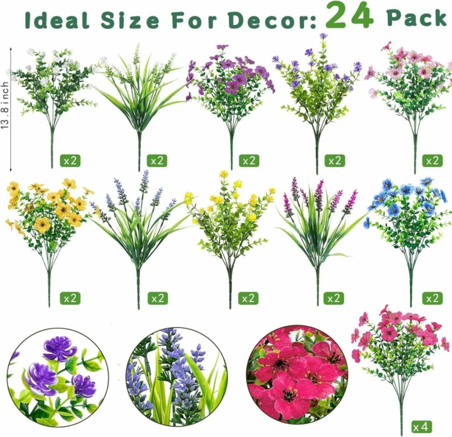 Ouddy Decor 24 Pack Artificial Silk Flowers for Indoor and Outdoor Use, Faux Greenery Plants for Garden, Porch, Window, Hanging Planter, Office, Table, and Home Decor in Mixed Colors