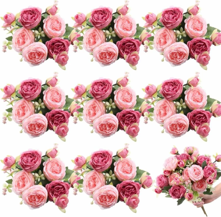 Yuxung 8 Bundles Artificial Peonies Flowers - Pink & Dark Pink Faux Peony Bouquet for Wedding, Spring Centerpiece, Boho Home Decor, and Vase Arrangements