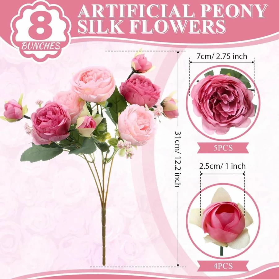 Yuxung 8 Bundles Artificial Peonies Flowers - Pink & Dark Pink Faux Peony Bouquet for Wedding, Spring Centerpiece, Boho Home Decor, and Vase Arrangements