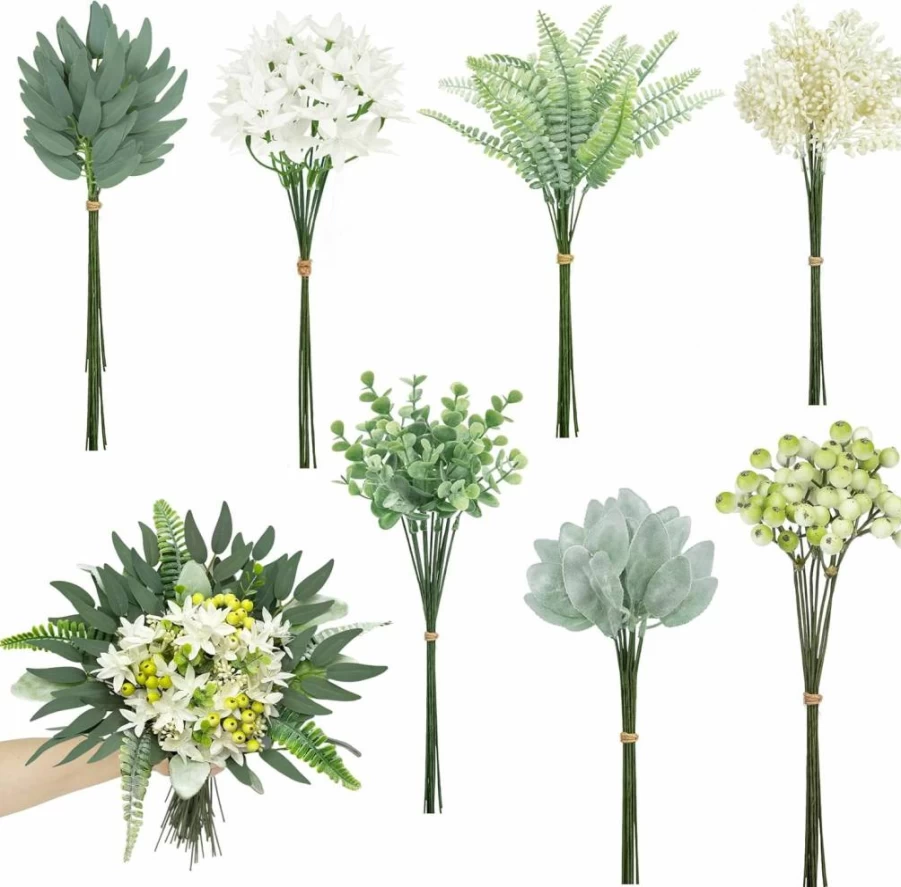 Bassion 110-Piece Artificial Greenery Stems Box Set - 8 Varieties Faux Eucalyptus, Flowers & Branches for Wedding Bouquets, DIY Floral Arrangements, Table Centerpieces, Home Decor