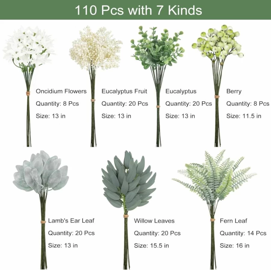 Bassion 110-Piece Artificial Greenery Stems Box Set - 8 Varieties Faux Eucalyptus, Flowers & Branches for Wedding Bouquets, DIY Floral Arrangements, Table Centerpieces, Home Decor
